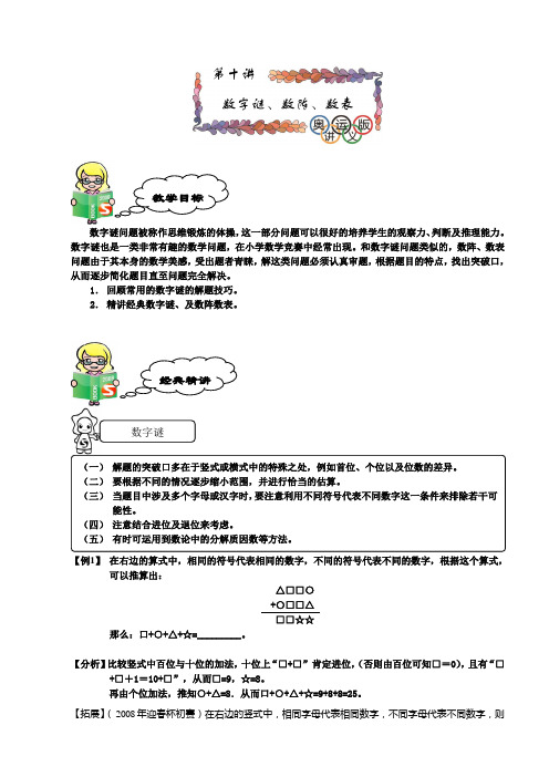 奥数讲义第10讲数字谜、数阵、数表深圳清华实验学校佘珊珊