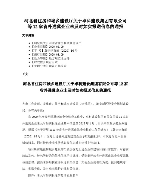 河北省住房和城乡建设厅关于卓科建设集团有限公司等12家省外进冀企业未及时如实报送信息的通报