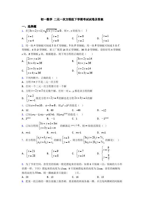 初一数学 二元一次方程组下学期考试试卷及答案