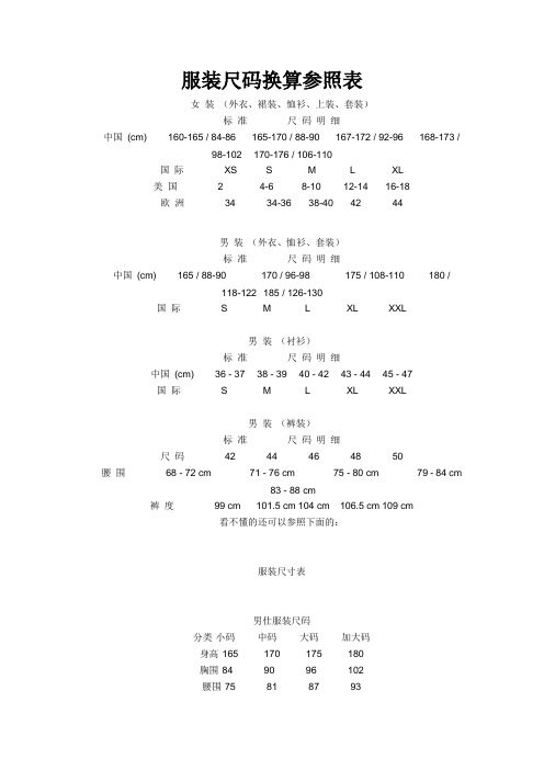 服装尺码换算参照表