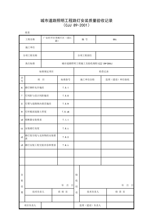 001-9.6 城市道路照明工程路灯安装质量验收记录(续表)