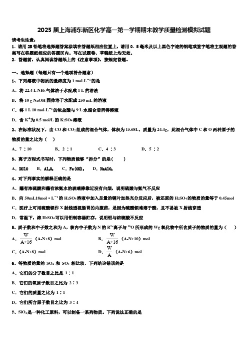 2025届上海浦东新区化学高一第一学期期末教学质量检测模拟试题含解析