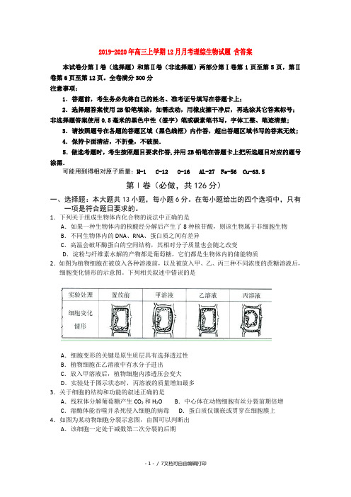 2019-2020年高三上学期12月月考理综生物试题 含答案