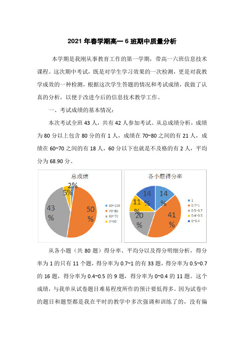 2021年春学期高一6班信息技术期中质量分析