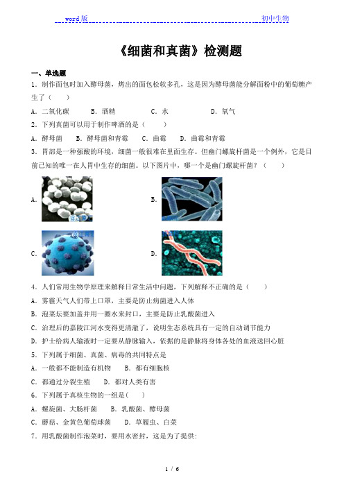 人教版初中生物八年级上册第五单元第四章《细菌和真菌》检测题(含答案)