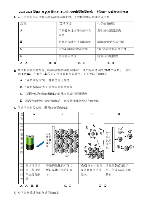 2023-2024学年广东省东莞市万江中学 石龙中学等学校高一上学期三校联考化学试题