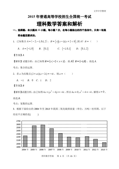 2015年全国高考新课标卷Ⅱ(理科)答案及考点分析