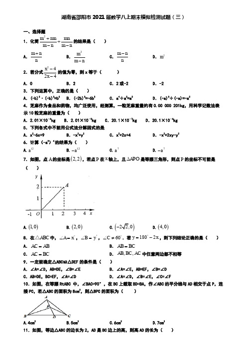 湖南省邵阳市2021届数学八上期末模拟检测试题(三)