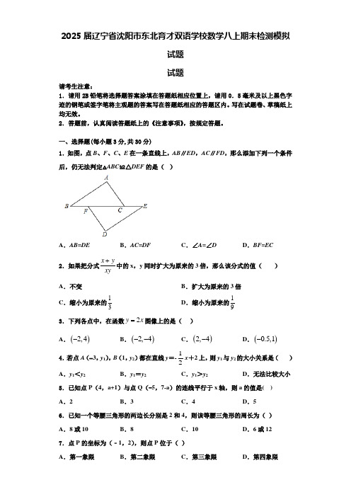 2025届辽宁省沈阳市东北育才双语学校数学八上期末检测模拟试题含解析