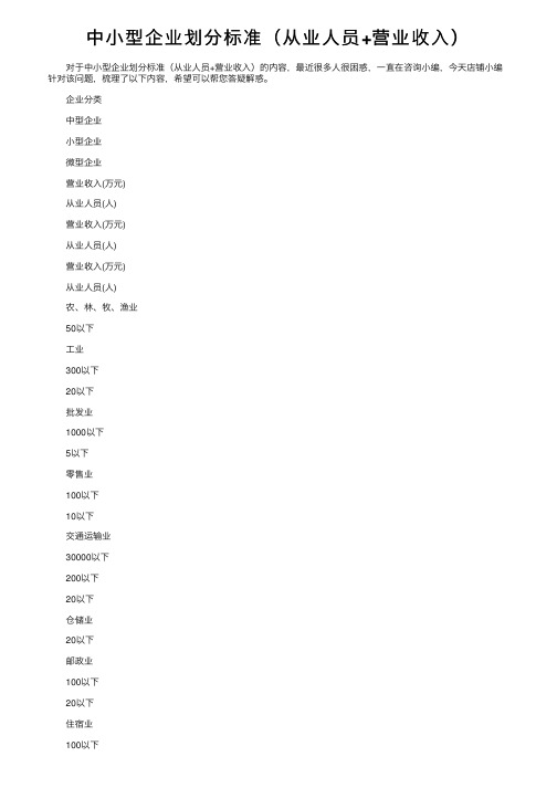 中小型企业划分标准（从业人员+营业收入）