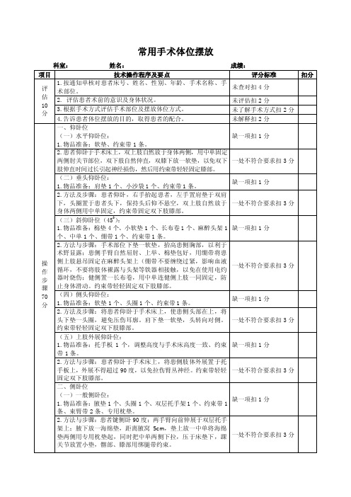 常用手术体位摆放及考核评分标准