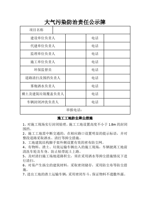 大气污染防治责任公示牌