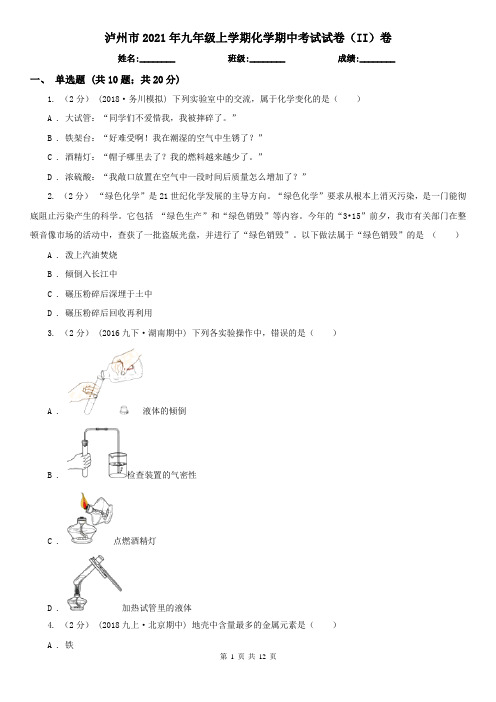 泸州市2021年九年级上学期化学期中考试试卷(II)卷