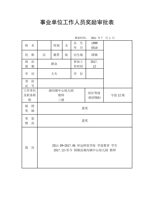 事业单位工作人员嘉奖审批表