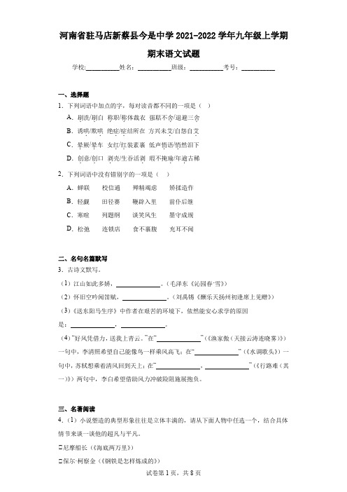 河南省驻马店新蔡县今是中学2021-2022学年九年级上学期期末语文试题