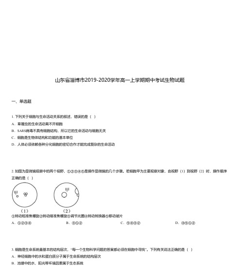 山东省淄博市2019-2020学年高一上学期期中考试生物试题