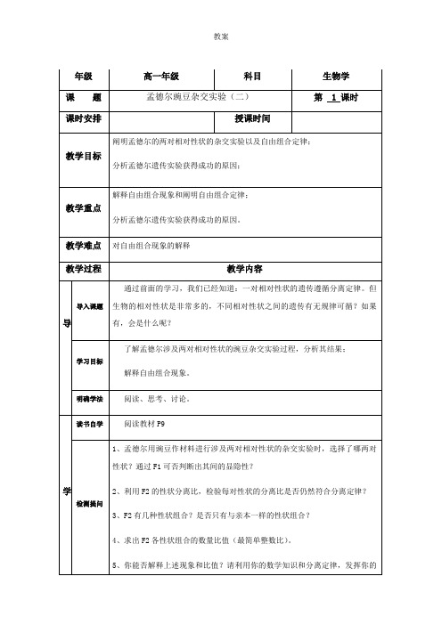 1.2 孟德尔的豌豆杂交实验(二)1 人教版高中生物必修二教案