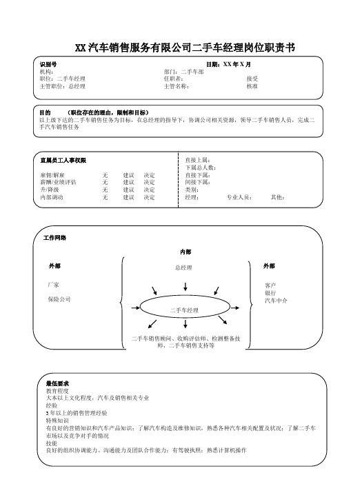 汽车4S店二手车经理岗位职责书