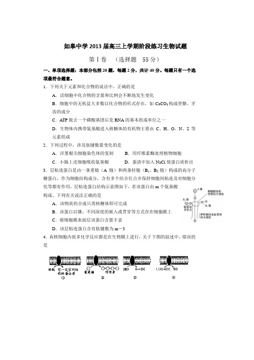 江苏省如皋中学2013届高三上学期阶段练习生物试题_Word版含答案