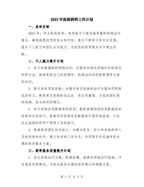 2023年医院药师工作计划