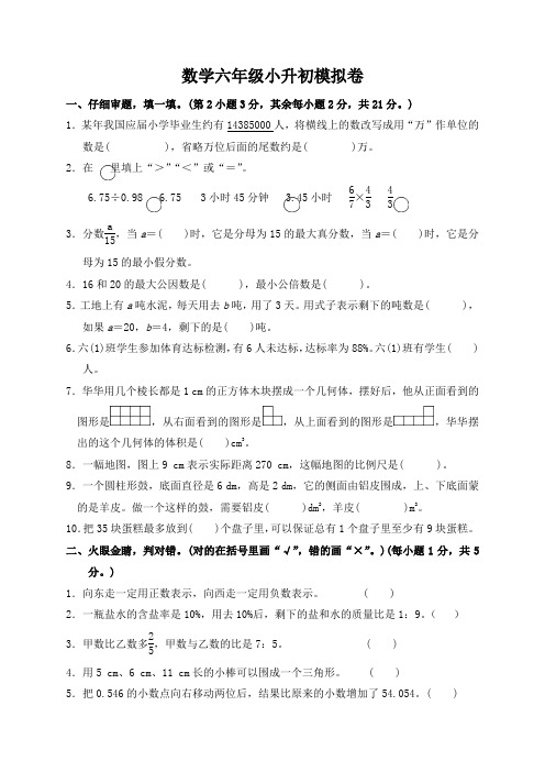 数学六年级小升初模拟卷5(附答案)