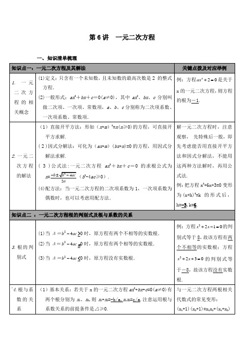 最新北师大版初中九年级数学下册第6讲 一元二次方程中考知识点梳理