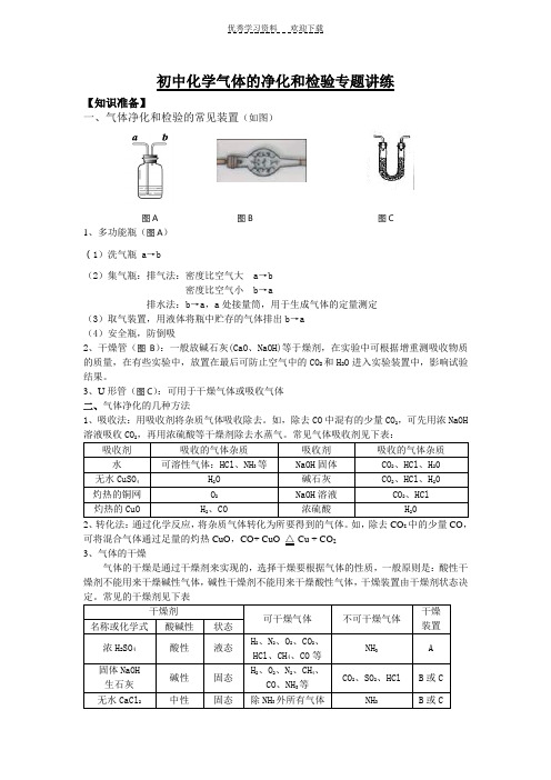 初中化学气体的净化和检验专题讲练题