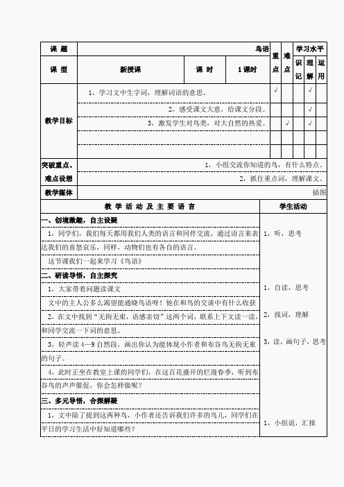 (苏教版)四年级语文下册教案 鸟语 1