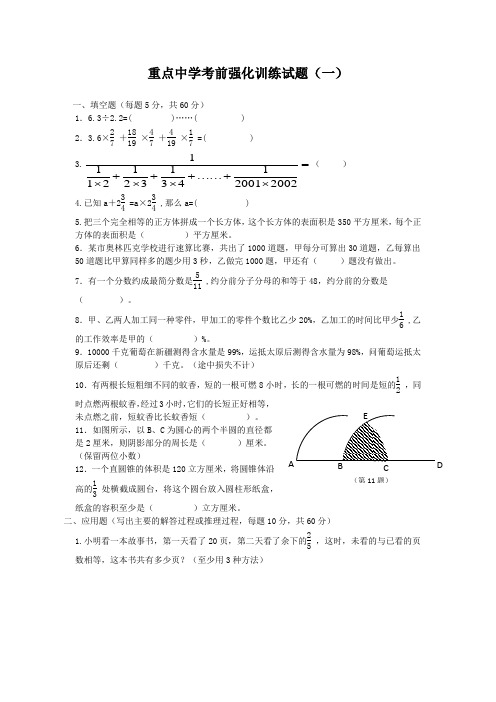 六年级下册数学试题-小升初考前强化训练试题一 苏教版(2014秋)(含答案)