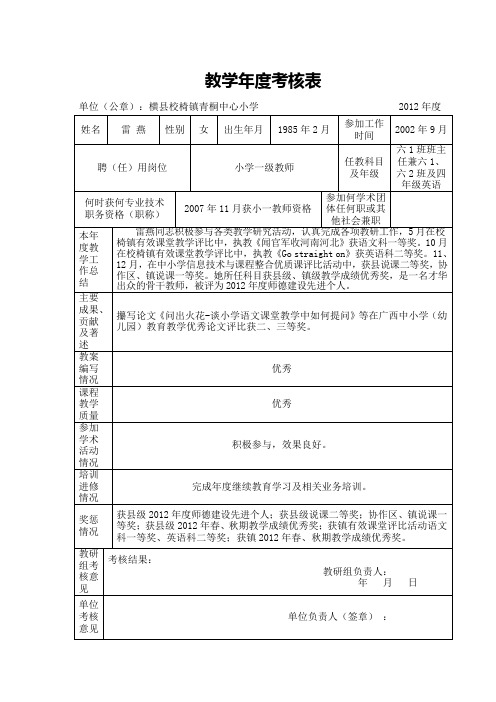 2012年度教学年度考核表