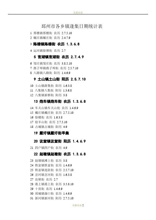 邳州市各乡镇逢集日期统计表