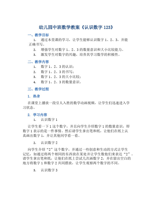 幼儿园中班数学教案《认识数字123》含反思