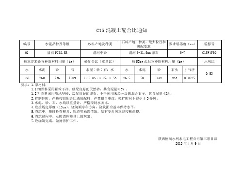 C15混凝土配合比通知