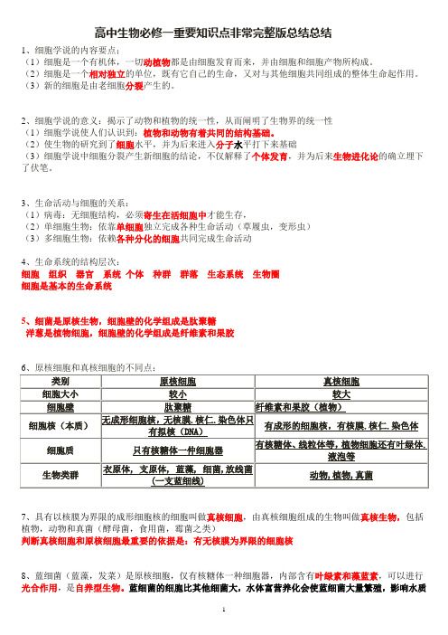 高中生物必修一 非常完整版知识点总结 