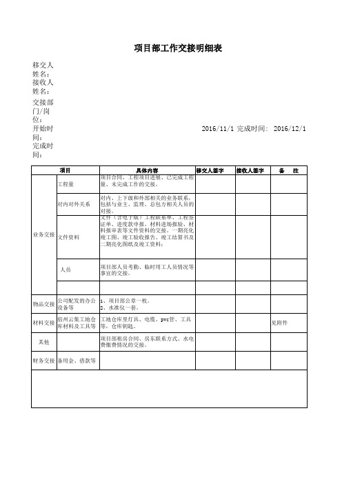 项目经理工作交接表