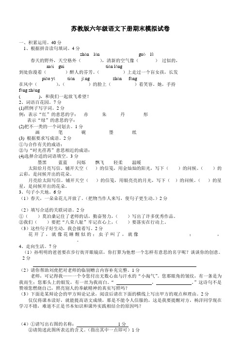 苏教版六年级语文下册期末模拟试卷(二)