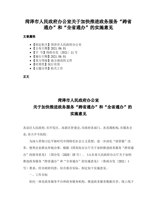 菏泽市人民政府办公室关于加快推进政务服务“跨省通办”和“全省通办”的实施意见