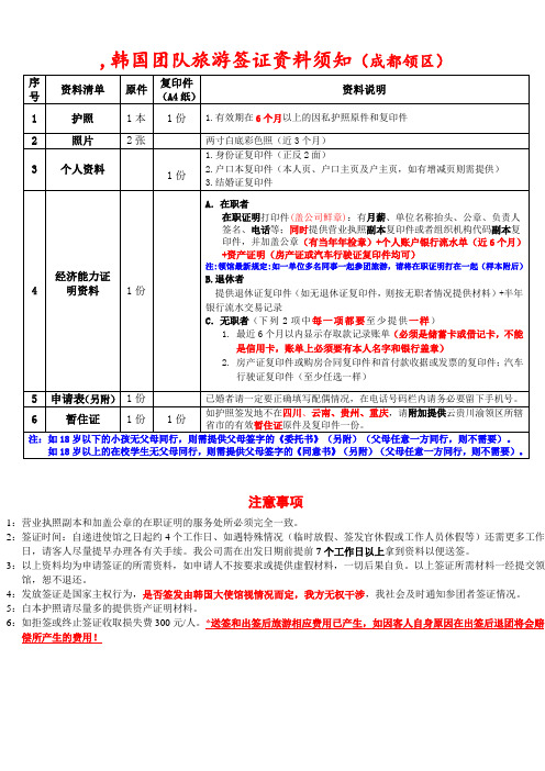 团签 --赴韩国旅游签证所需资料