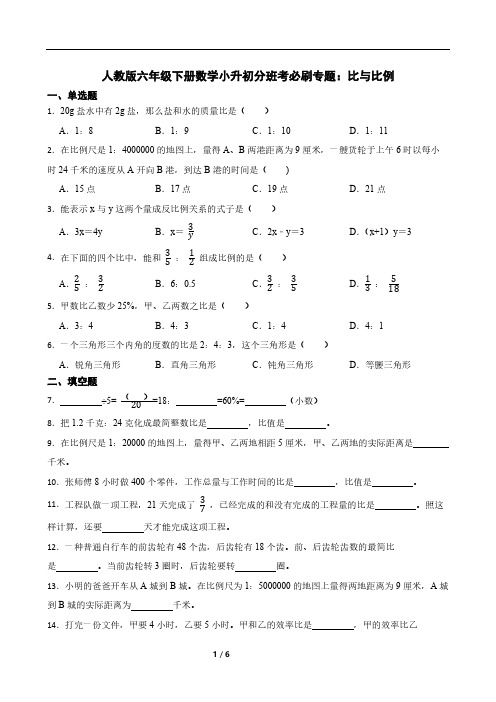 人教版六年级下册数学小升初分班考必刷专题：比与比例(含答案)