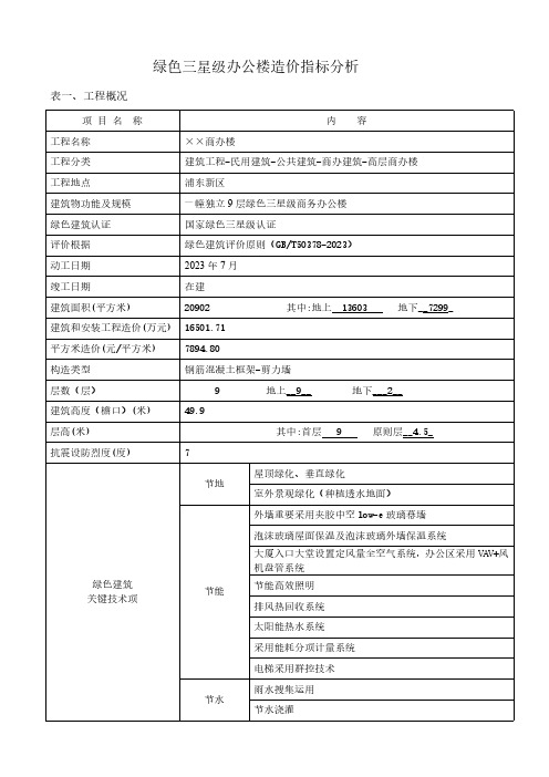 绿色三星级办公楼造价指标分析上海建设工程造价信息