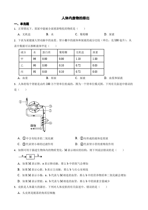 中考生物二轮复习测试专题 人体内废物的排出解析版