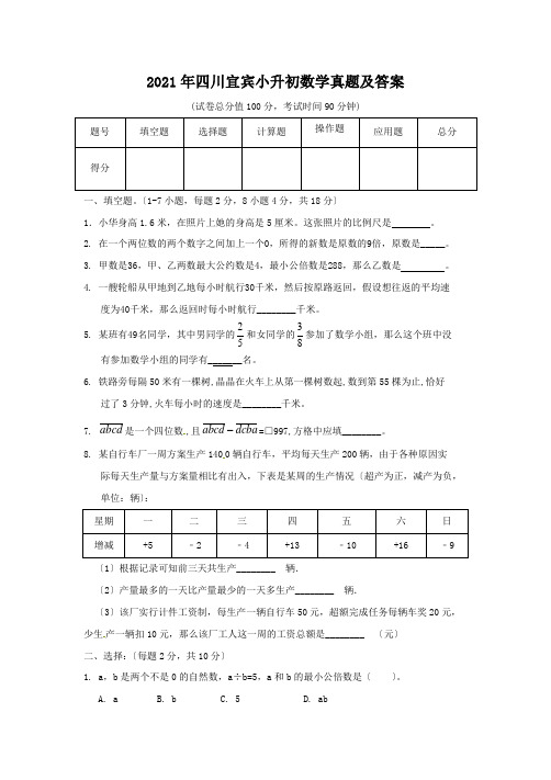 四川宜宾小升初数学真题附答案