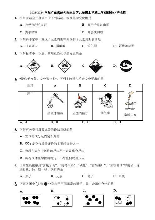 2023-2024学年广东省茂名市电白区九年级上学期上学期期中化学试题