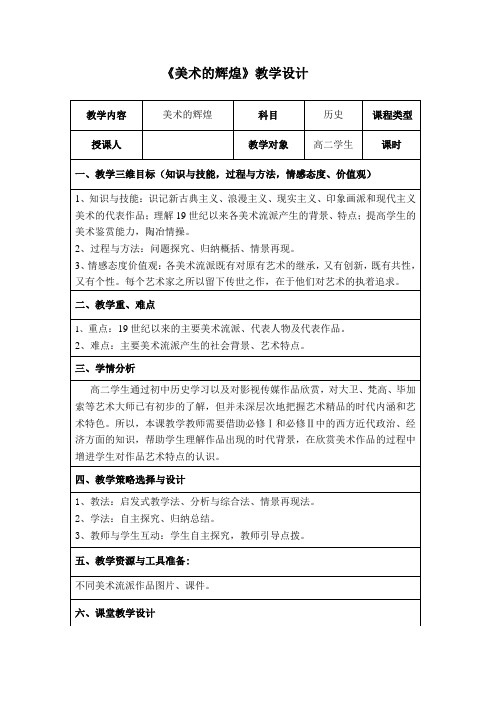 人教版必修3 历史：第23课 美术的辉煌  教学设计