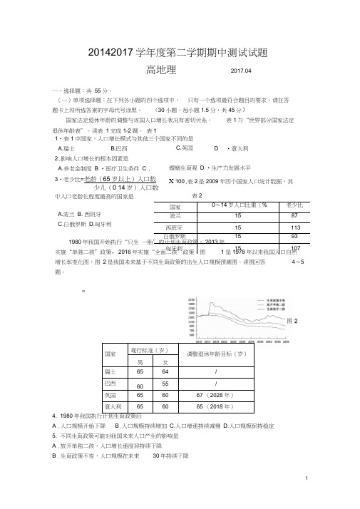 2016-2017学年江苏省扬州中学高一下学期期中考试地理