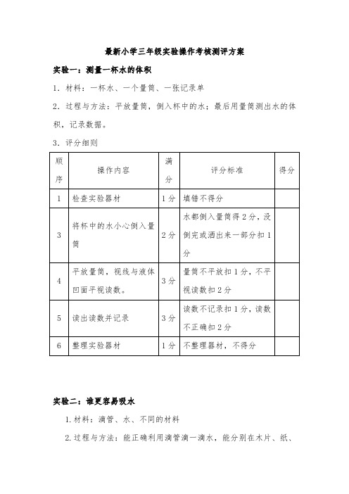 最新小学三年级科学实验操作考核测评方案