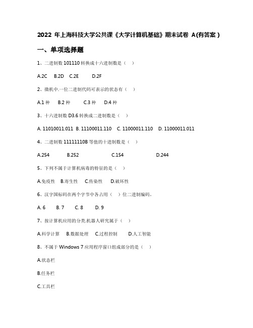 2022年上海科技大学公共课《大学计算机基础》期末试卷A(有答案)