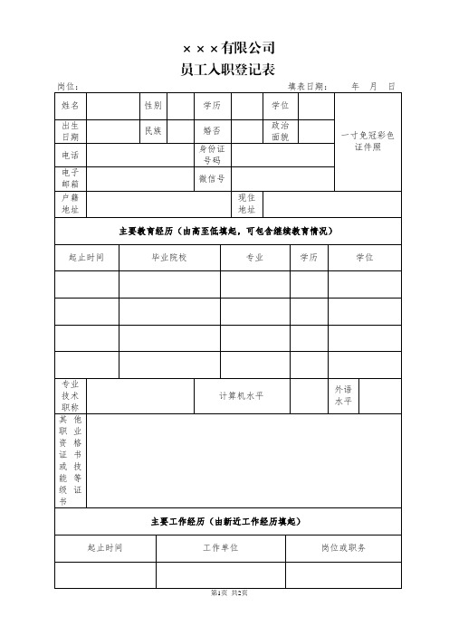 公司员工入职登记表模板_HR工作用表