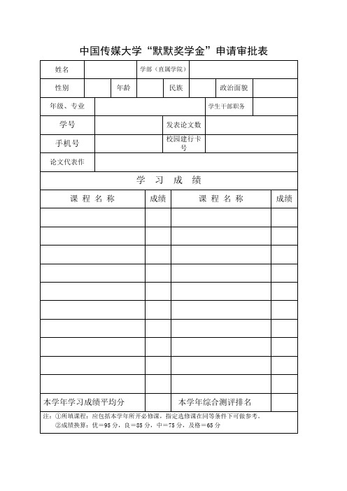 中国传媒大学默默奖学金申请审批表