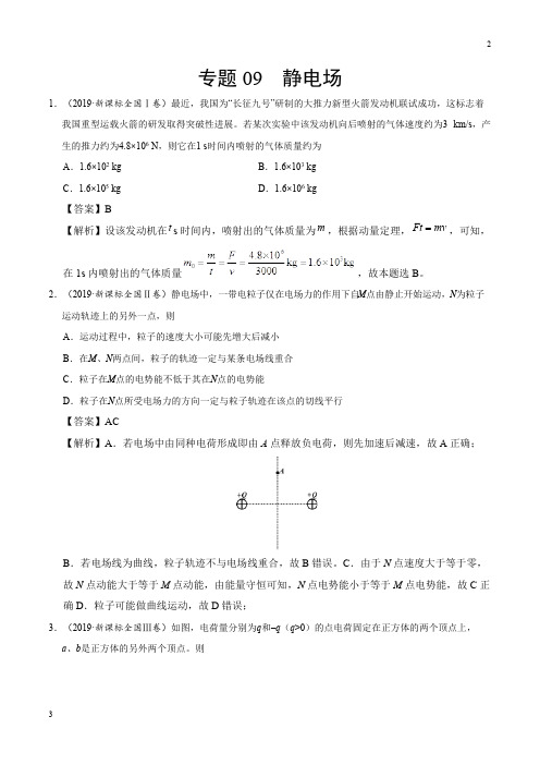 浙江专题09 静电场-2019年高考真题和模拟题分项汇编物理 Word版含解析